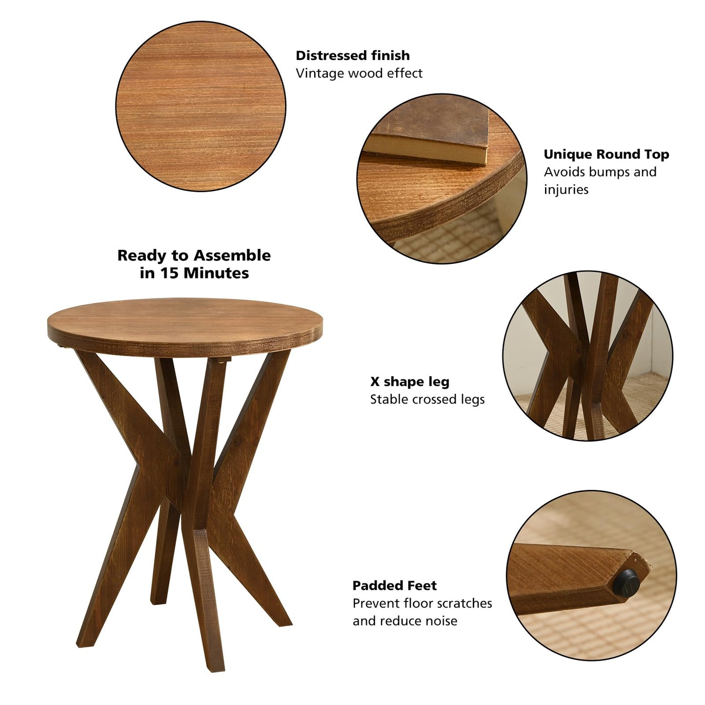 Ahokua Farmhouse End Table Set of 2 with Solid Wood Crossed Legs Round Boho Side Table Mid Century Modern Side Table Small Accent Table for Small Space Stable Nightstand for Living Room, Natural Wood