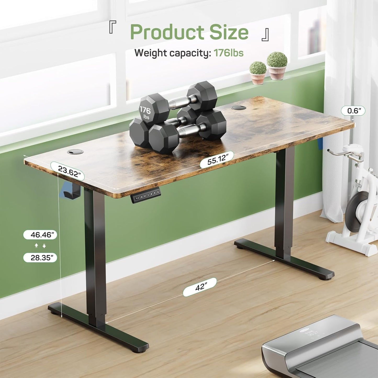 Whitmor Electric Standing Desk - 55 x 24 Inch Height Adjustable Computer Desk, Sit to Stand Home Office Table with Splice Board, 2 Hooks & Wire Hole, Brown
