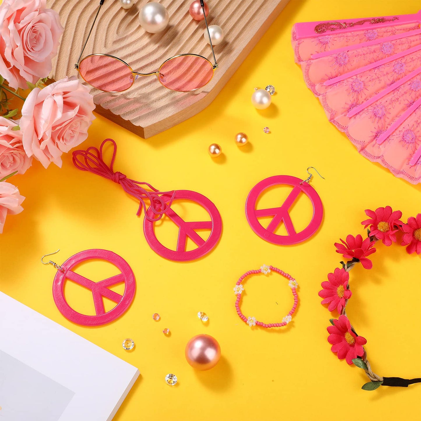 6 Pcs Hippie Costume Accessories Set, Boho Peace Sign Daisy Flower 60s 70s Party Favors Decorations for Groovy Party Girls (Rose Red)
