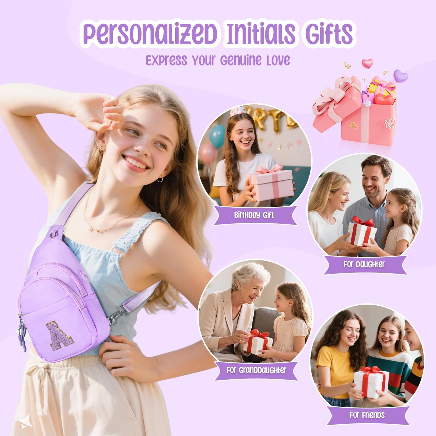 X-KIDS Initial Fanny Pack for Teen Girls Cute Crossbody Bag Sling Purse Personalized Gift for Tween Girl Kids 6-14 Years Old