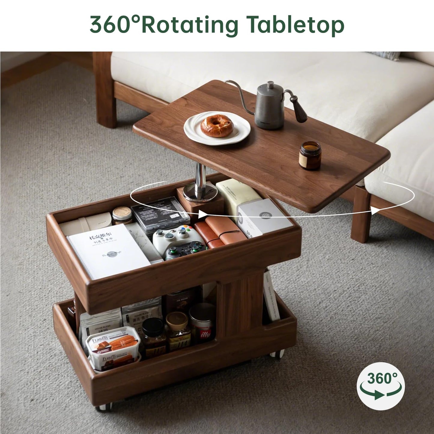 100% Solid Wood Lift Top Coffee Table with Storage, Small Bedside Table with Wheels and Rotating Desktop, Transform Coffee Table for Living Room, Recliner and Small Places(Walnut, No Need to Install)