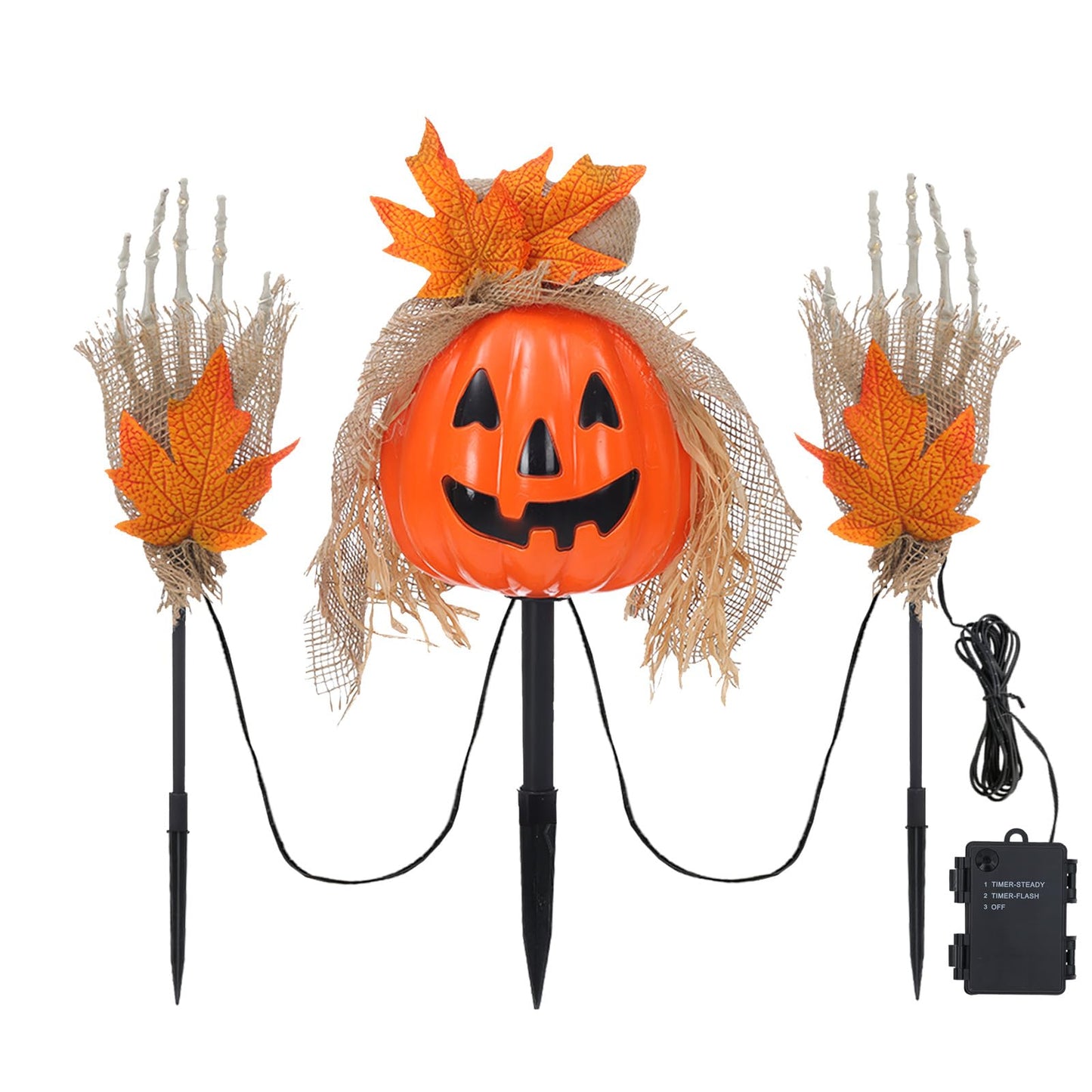 SUNNYPARK 3 Pcs Halloween Pathway Lights - Outdoor, 30 LEDs Pumpkin and Arms Stake Lights for Yard, Lawn, Garden, Patio Decorations