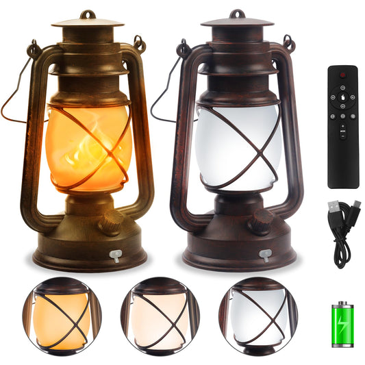 Wondrastical 2 Pack Bronze Vintage 4 Modes Light LED Lanterns，Rechargeable Dancing Flame Lanterns Decorative Outdoor&Indoor, Remote Control Waterproof Hanging Lights for Camping,Patio Garden Pathway