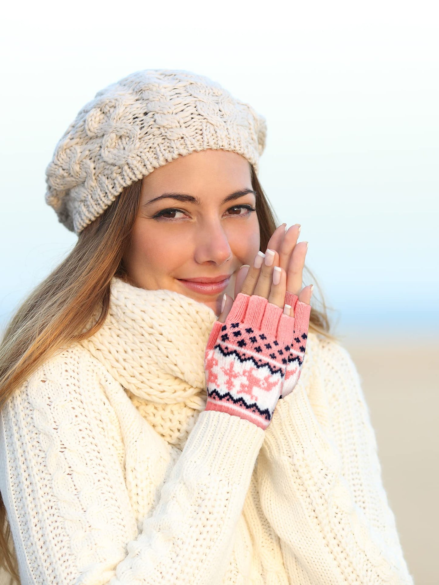 4 Pairs Fingerless Gloves Unisex Half Finger Striped Knit Stretchy Winter Gloves for Women Men Cold Weather(Elk Style)