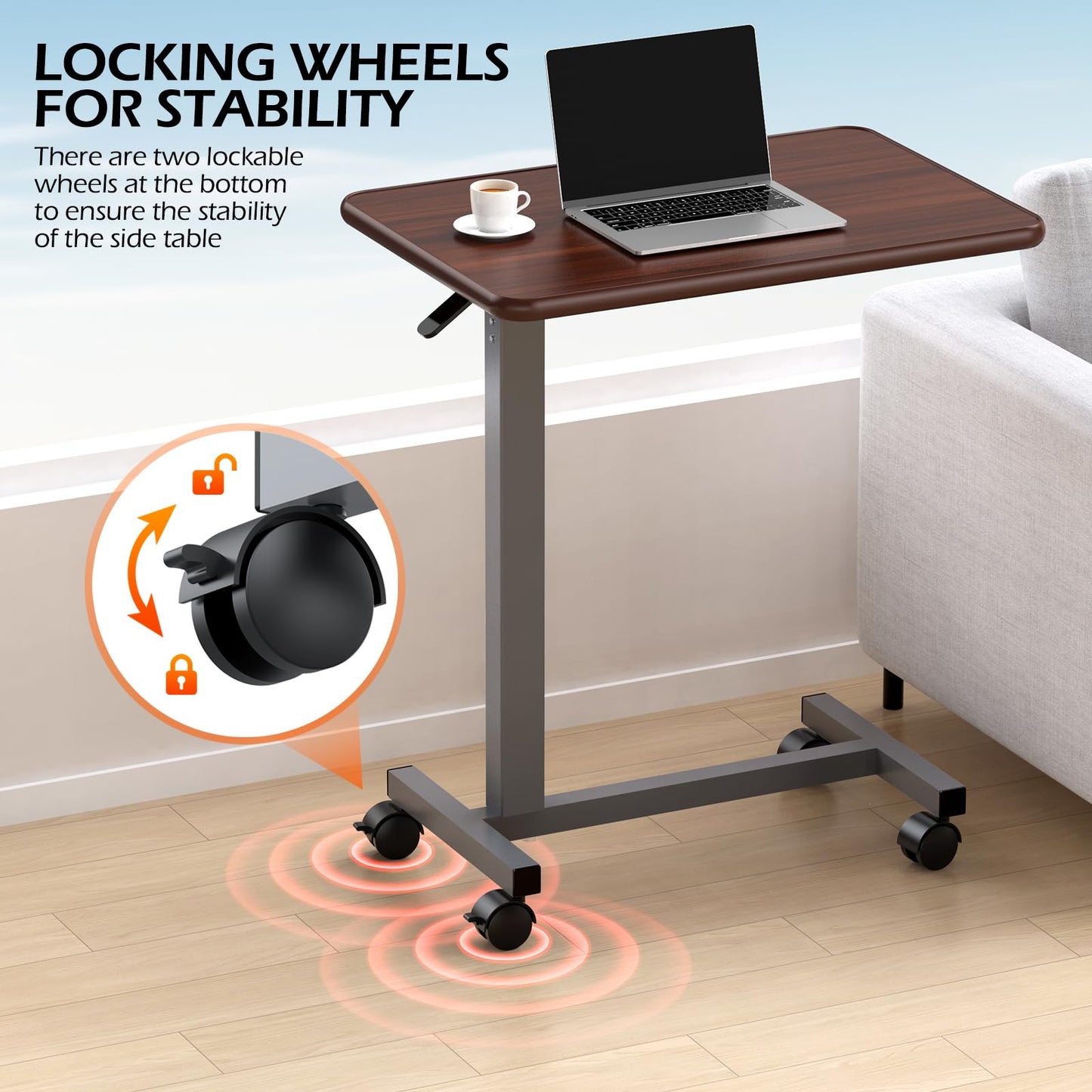 WOTURE Adjustable Overbed Table with Wheels, Bedside Rolling Table, Pneumatic Height Adjustment, Hospital Bed Table on Wheels, Standing Desk, Bedridden & Mobility Needs, Walnut
