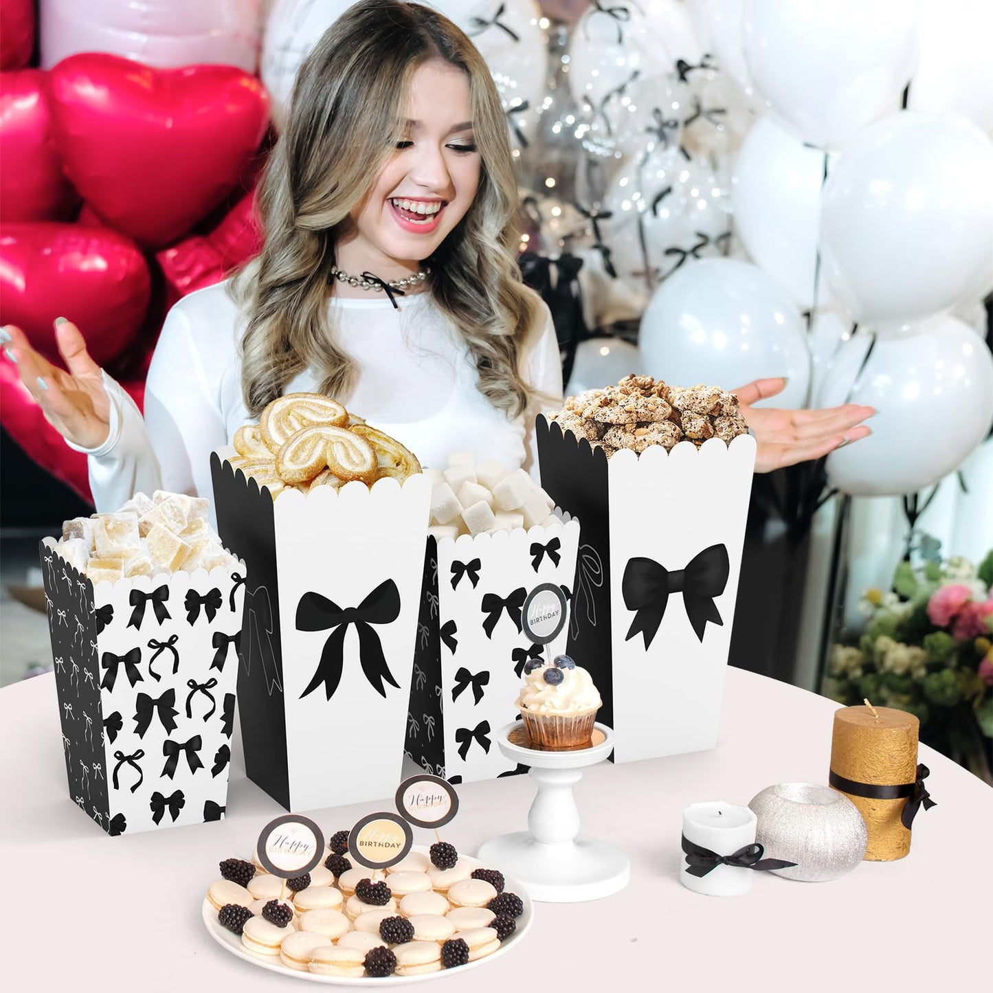 20Pcs Black Bow Popcorn Boxes, Bow Movie Night Popcorn Bags for Party, Black Bucket Containers for Birthday, Bridal Shower Bachelorette Graduation Party Decor (S + L)