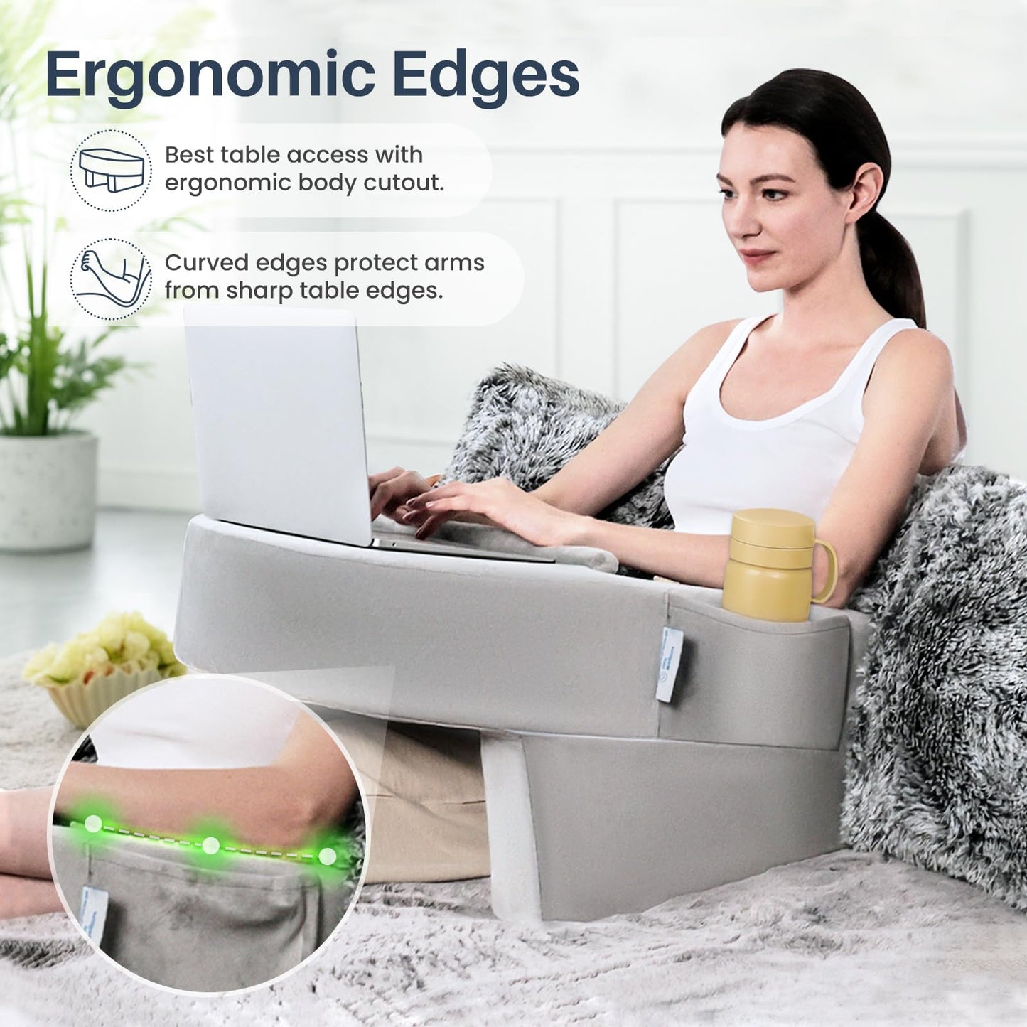 Weighted Idea Lap Desk Pillow with Arm Rest – Extra Large Memory Foam Support for Reading, Gaming, Working & Sitting in Bed, Couch or Floor – Laptop Cushion with Removable Washable Cover