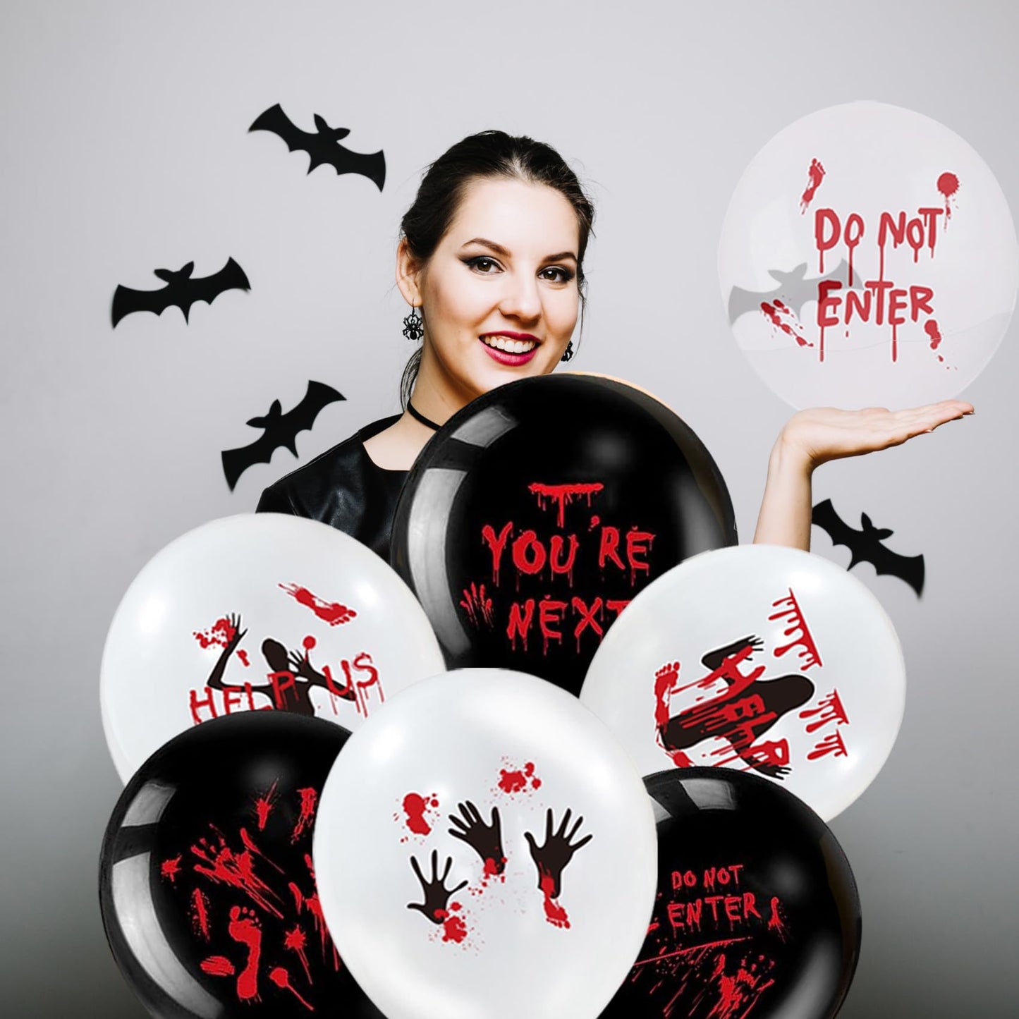 54PCS Halloween Balloons Bloody Balloons Black White Red Blood Splatter Balloons Handprint Latex Balloons Horror Zombie Latex Balloons Halloween Party Favor Scary Party Decoration