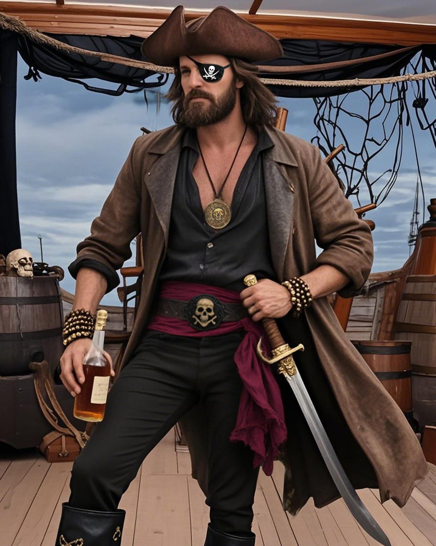 WooHand Pirate Hat and Accessories Set with Eye Patch Necklace Sash Leather Bracelets for Men Women Pirate Costume Halloween Cosplay Renaissance Outfit