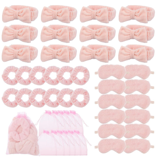 48 Set Girls' Spa Sleepover Party Supplies - 12 Pink Headbands, Sleep Eye Masks, Velvet Hair Scrunchies & Organizer Bags