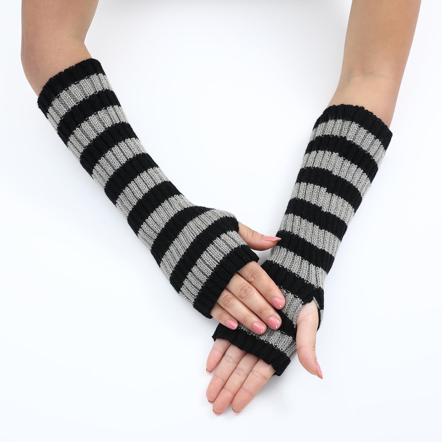 Y2k Striped Arm Warmers Long Fingerless Knitted Gloves Punk Gothic Alt Emo Scene Cool Winter Arm Sleeves Grunge Accessories (Gray,One Size)