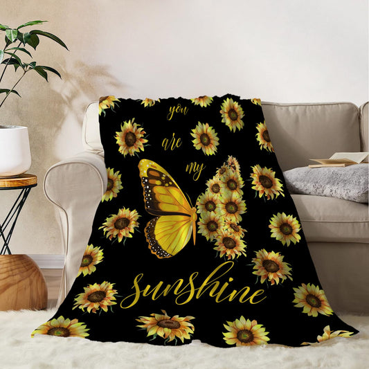 YeeJu Sunflower Throw Blanket Yellow Floral Butterfly Throw Blanket for Couch Sofa Bed Soft Gift for Women Fuzzy Plush Fleece Blankets Black Spring Summer Flower Decorations Blanket 50x60