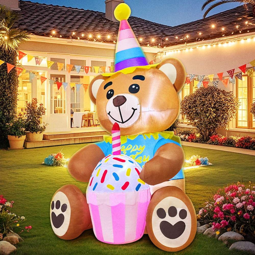 5FT Inflatable Bear with Birthday Cake Blow up Outdoor Yard Decorations, Built-in LED Lights for Holiday Party Garden Lawn Indoor Home Celebration