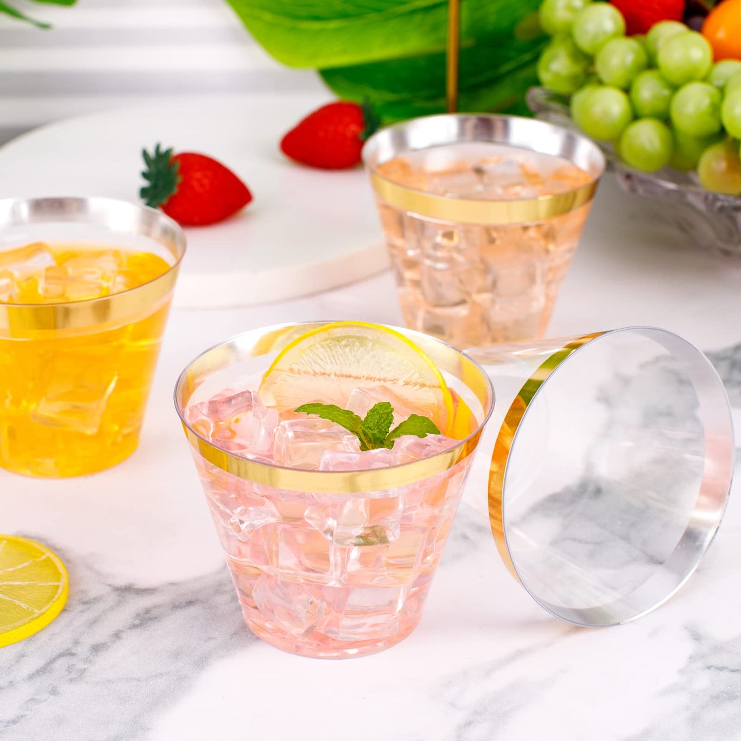 WELLIFE 120 PCS Gold Plastic Cups,9 oz Clear Plastic Cups,Disposable Wine Glasses,Disposable cups for Party and Wedding