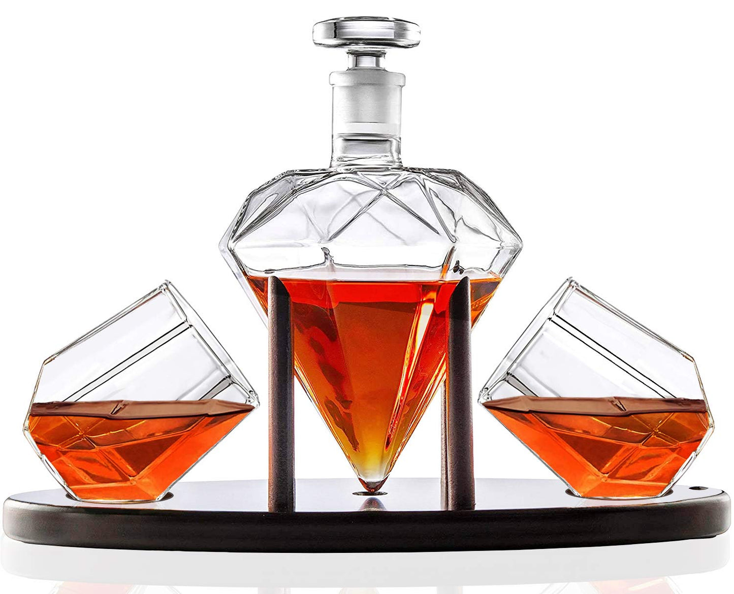 Whiskey Decanter Diamond shaped With 2 Diamond Glasses & Mahogany Wooden Holder – Elegant Handcrafted Crafted Glass Decanter For Liquor, Scotch, Rum, Bourbon, Vodka, Tequila – Great Gift Idea – 750ml
