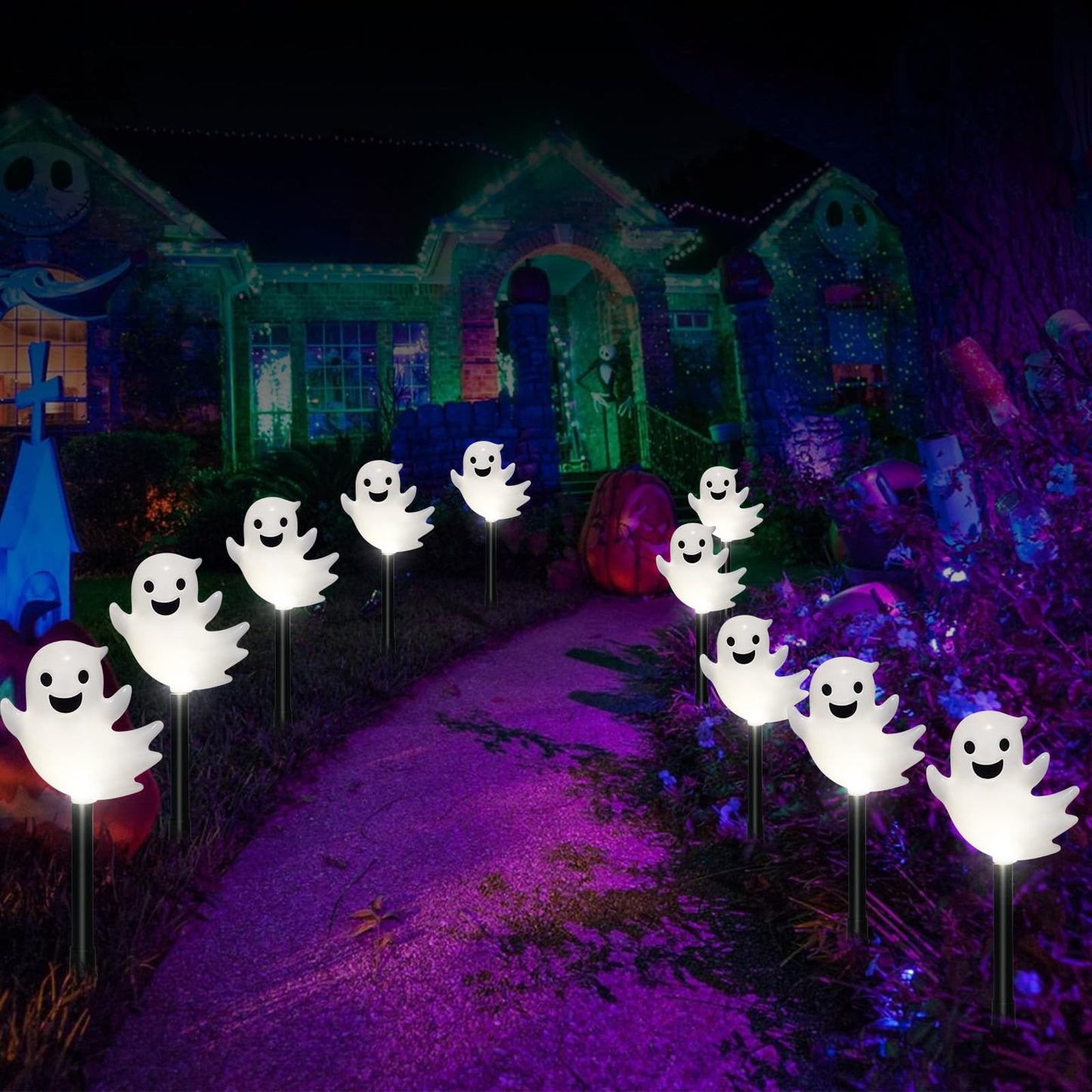 Solar Halloween Ghost Pathway Lights, 10 Pack 3D Lighted Outdoor Stake Decorations, Waterproof LED Yard and Garden Lights for Halloween Pathway, Lawn, Patio, and Holiday Decor (Cool White)