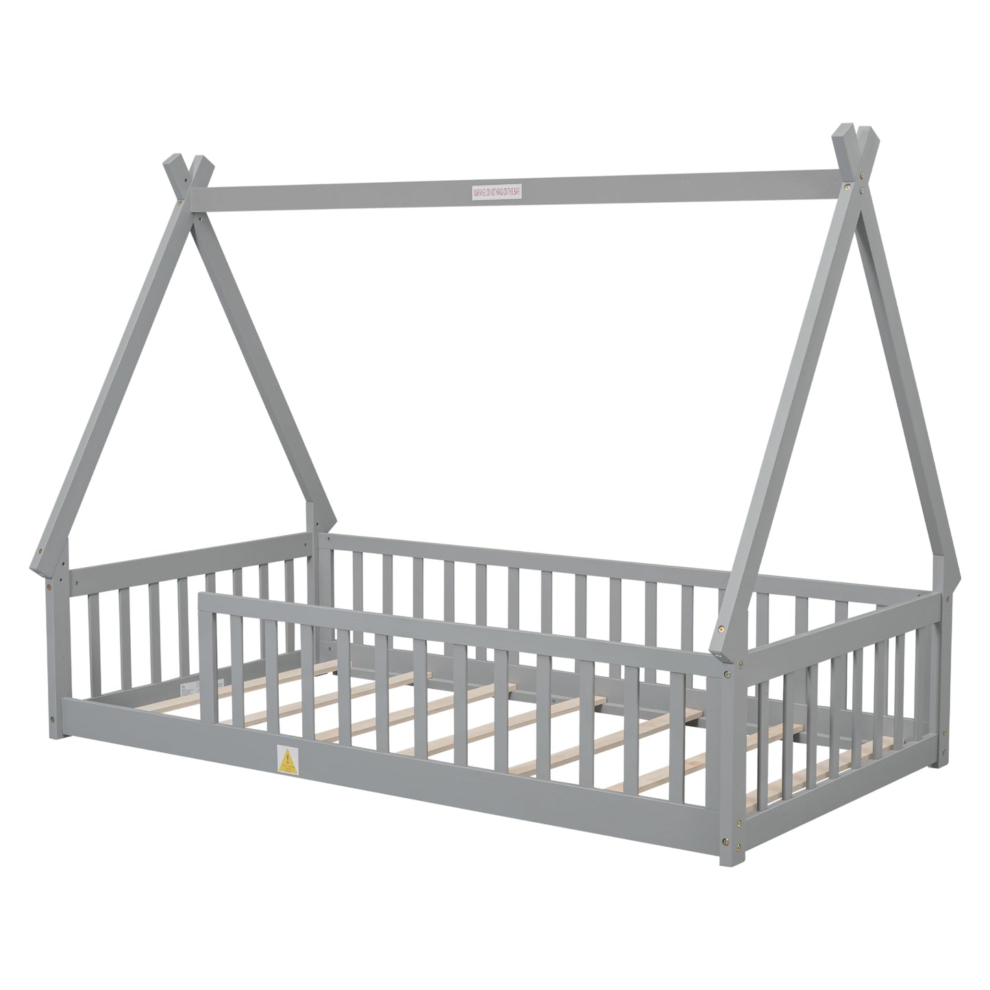 Wekuku Twin Tent Shaped Floor Bed for Kids – Teepee with Guardrails Slats, Grey – Low Profile Bed Frame for Bedroom, Playroom, Nursery