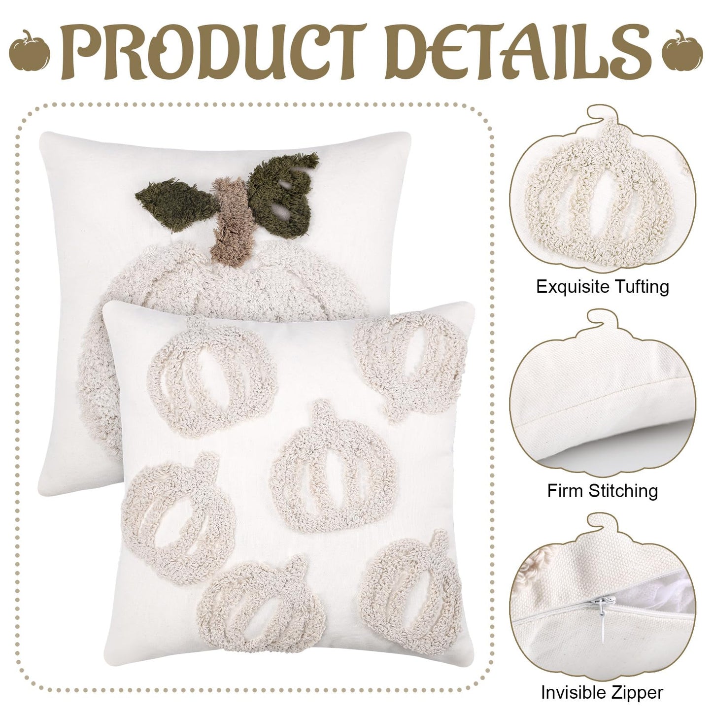 2 PCS Pumpkin Pillow Covers Fall Pillow Covers 18x18 Inch Square Beige White Linen Embroidered Throw Pillow Cases Autumn Halloween Thanksgiving Soft Decor for Sofa Bed Couch Living Room Farmhouse Home