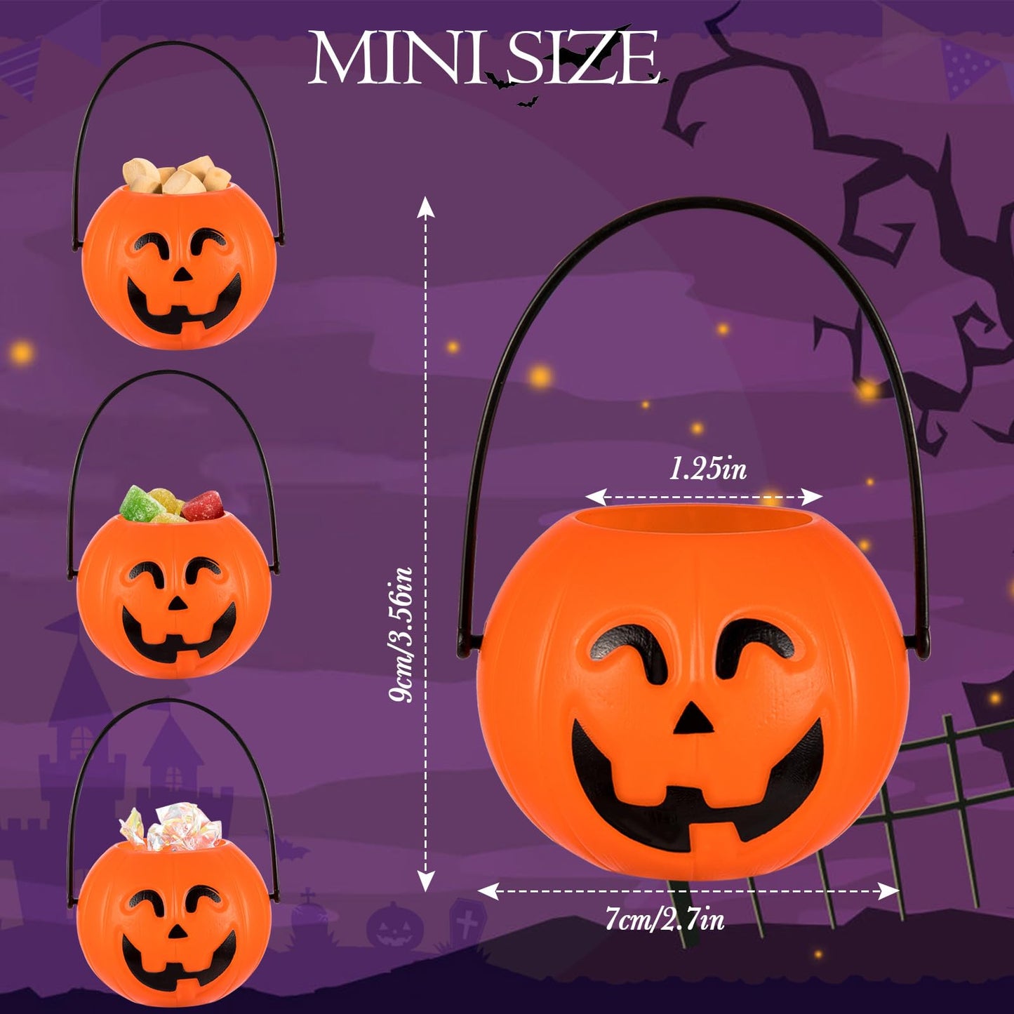24 Pack Mini Pumpkin Buckets With Handle, Halloween Kids Party Favors Plastic Trick or Treat Bucket, Candy Holder Containers for Decoration