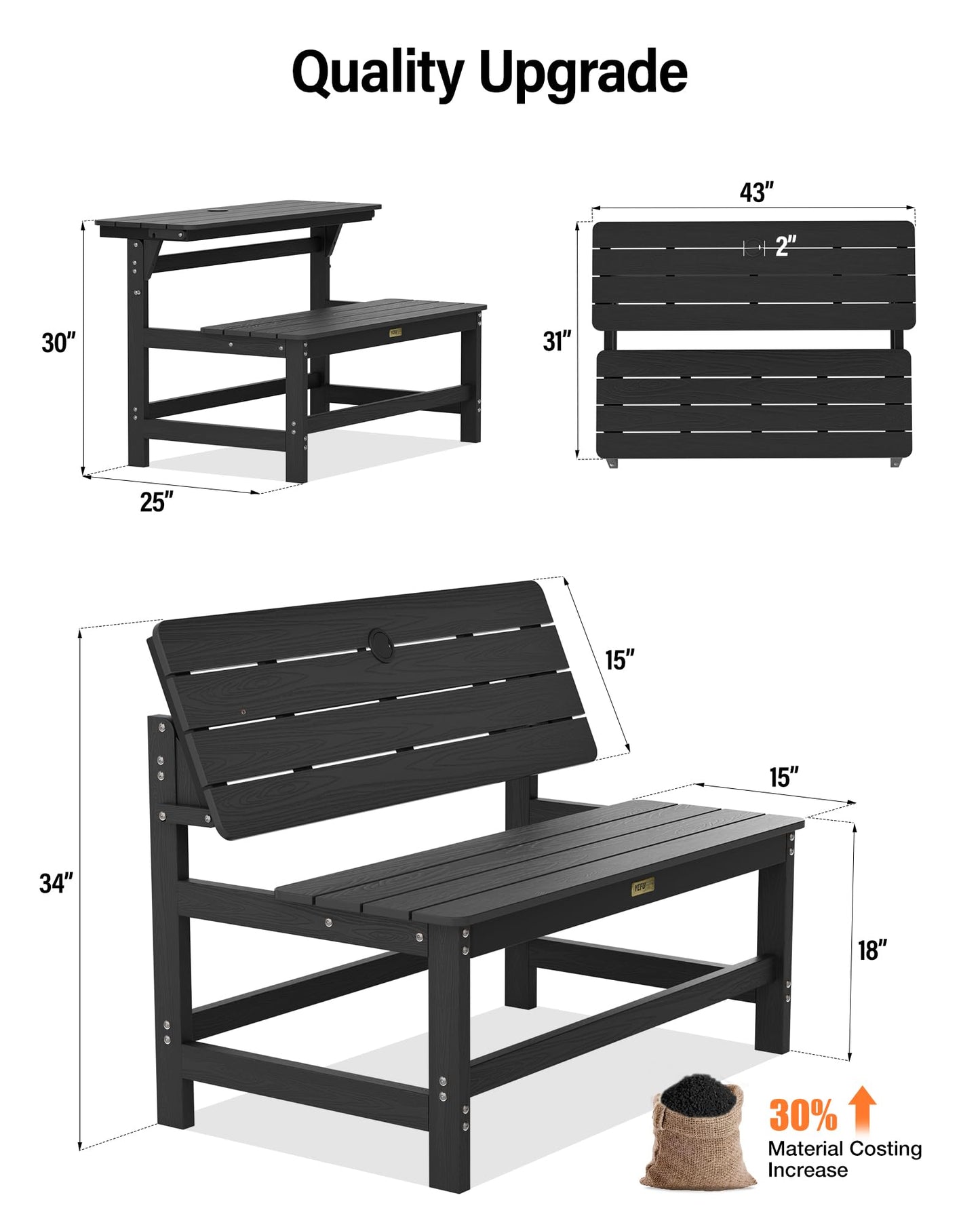 YEFU Convertible Bench Picnic Table: HIPS Convert a Bench with Umbrella Hole - Foldable Space-Saving Picnic Outdoor Benches for Outside Patio Porch Backyard Park Garden Black