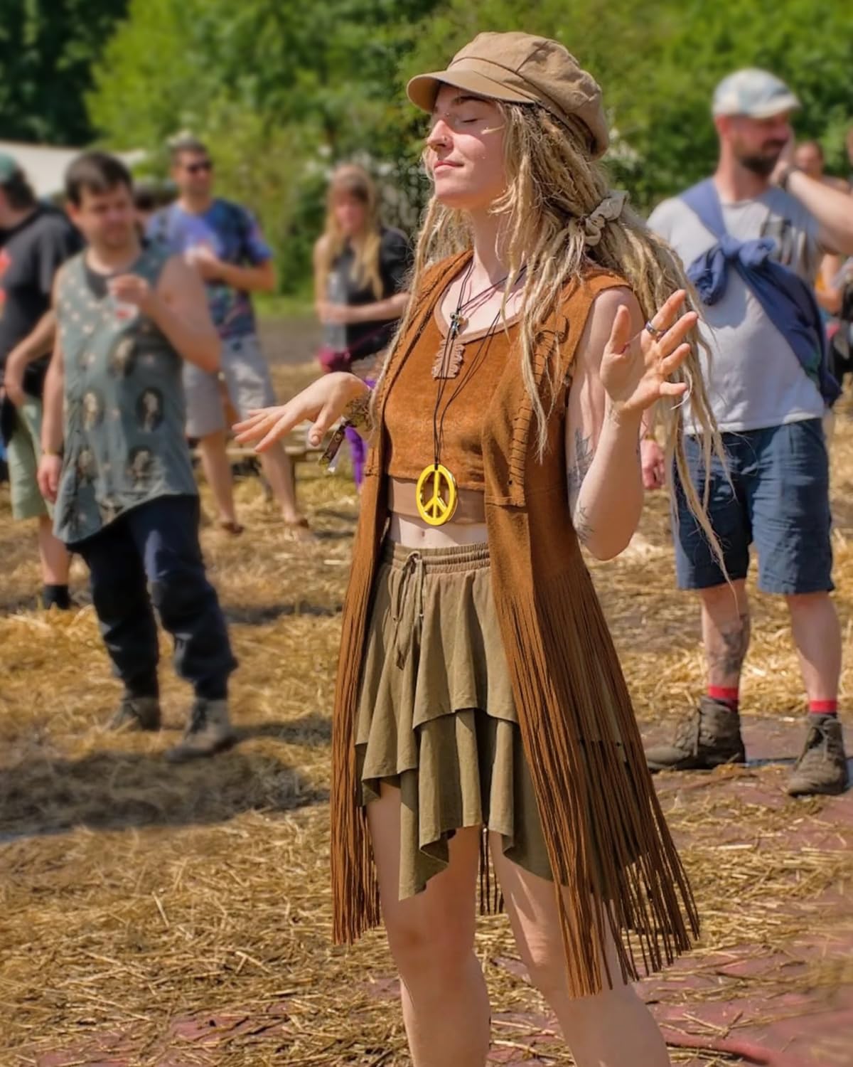 60s 70s Outfits Hippie Clothes for Women Disco Suede Fringe Vest Western Shirts Accessories Woman Cowgirl 1970 Style Decades Day Boho Costume Tops Flower Crowns (M)