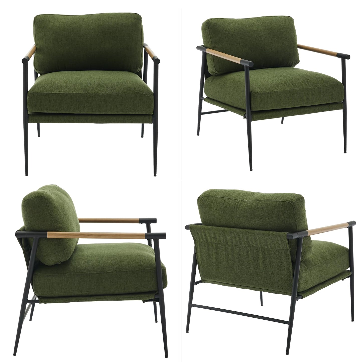 Ya-Home Mid-Century Accent Chair, Soft Armchair Linen Fabric Lounge Chair with Black Metal Legs, Upholstered Leisure Chair for Living Room Reception Room, 1PC, Green