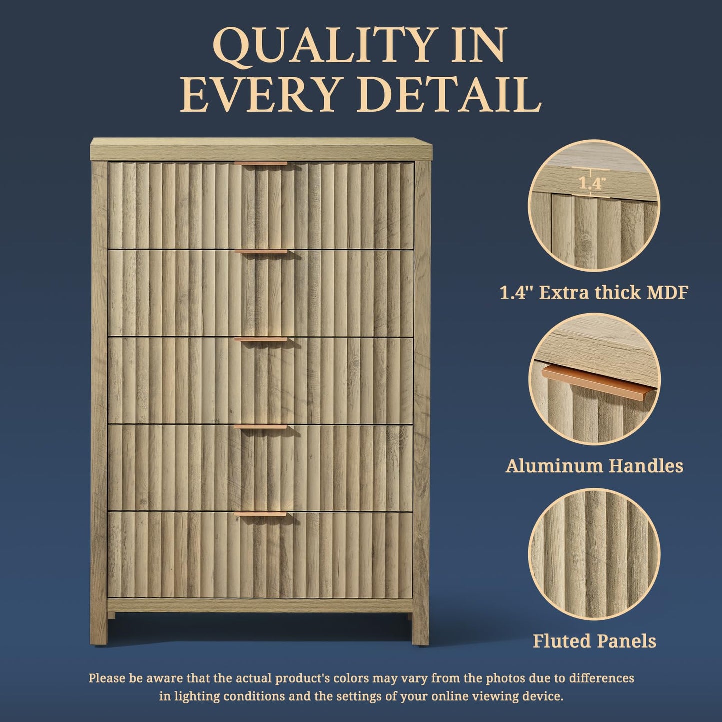 5 Drawers Dresser for Bedroom, 44 Inches Tall Modern Bedroom Dressers, Chest of Drawers for Bedroom, Fluted Dresser for Closet Organizer for Living Room, Hallway, Entryway (Sunwashed Ash Oak)