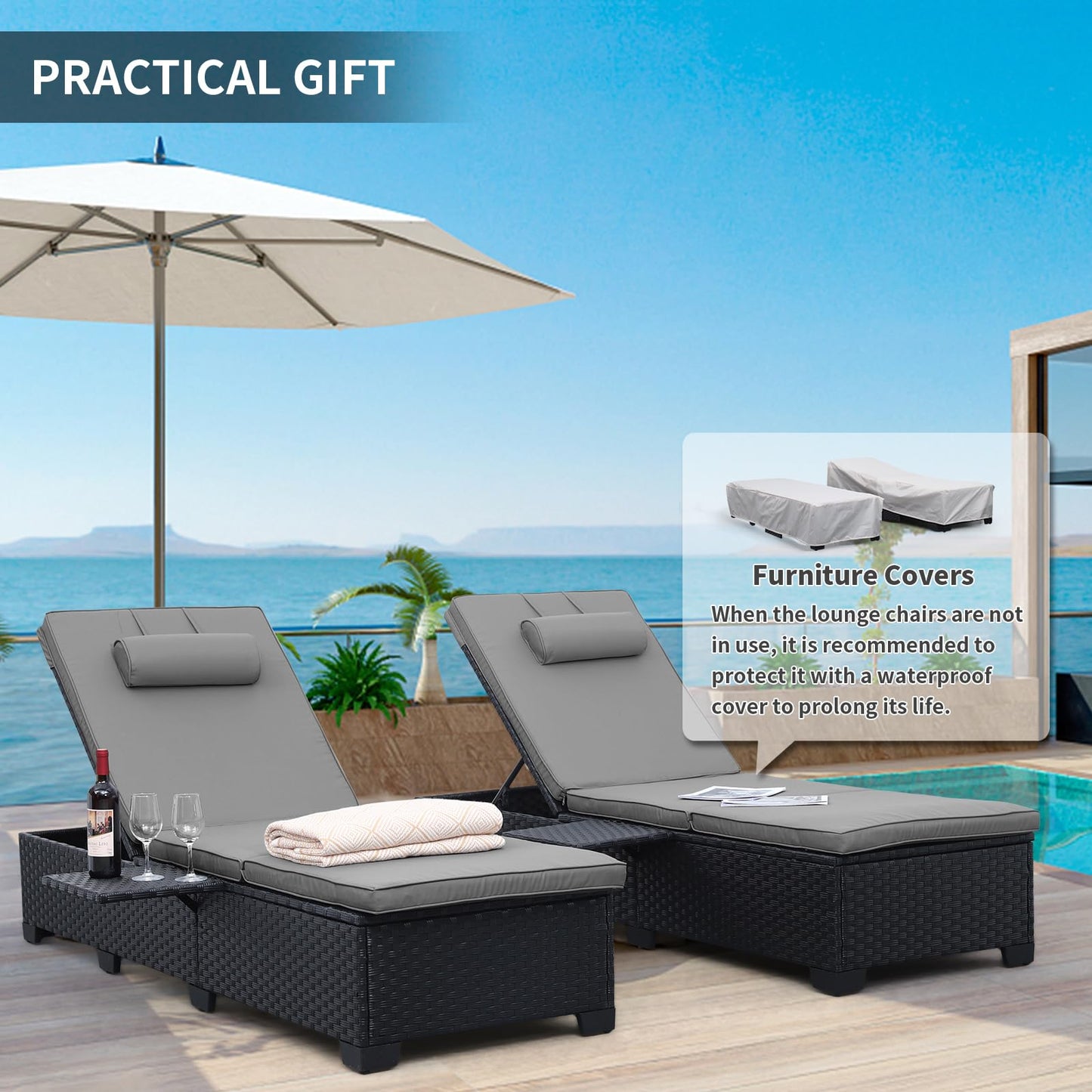 WAROOM Outdoor Chaise Lounge Chairs for Outside Patio Furniture Set of 2 Wicker Recliner Black Rattan Reclining Pool Sunbathing Chair Adjustable Backrest Lounger with Grey Cushion