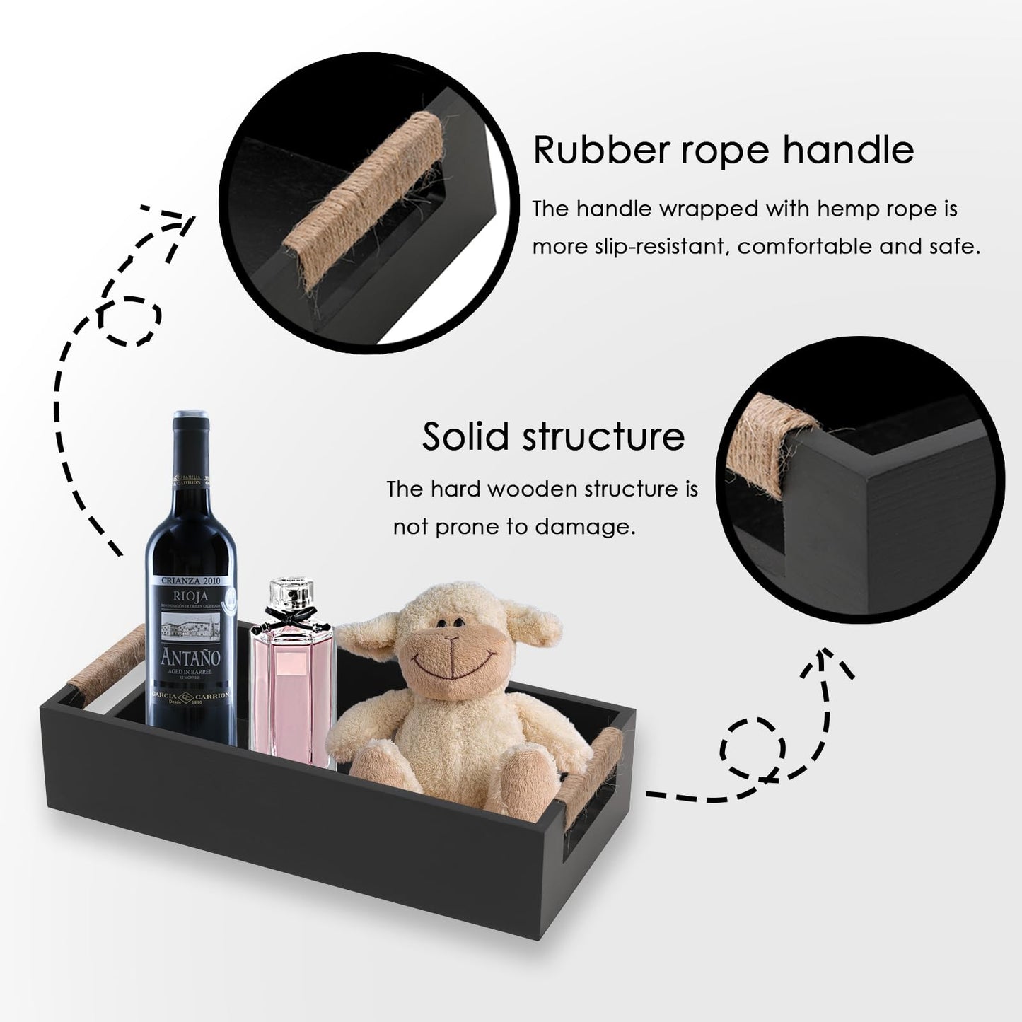 WSIFACA Black Decor Box Bathroom Wooden Toilet Tank with Rope Handles, Farmhouse Toilet Storage Basket for Bathroom Living Room Table Counter