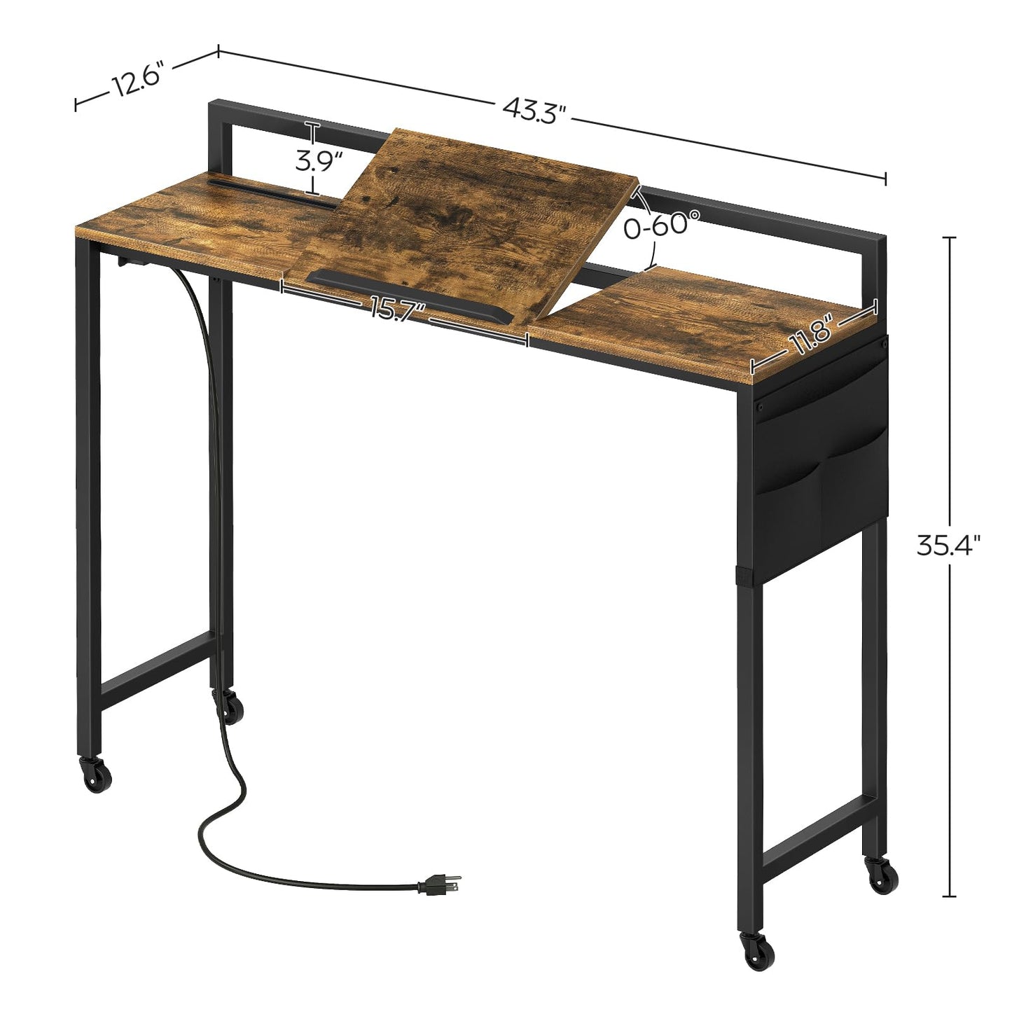 YATINEY Overbed Table with Wheel, Laptop Table Charging Station, Recliner Table with Adjustable Stand and Storage, Over Bedside Tables for Home, Dormitory, Sofa, Rustic Brown and Black SF03UBR