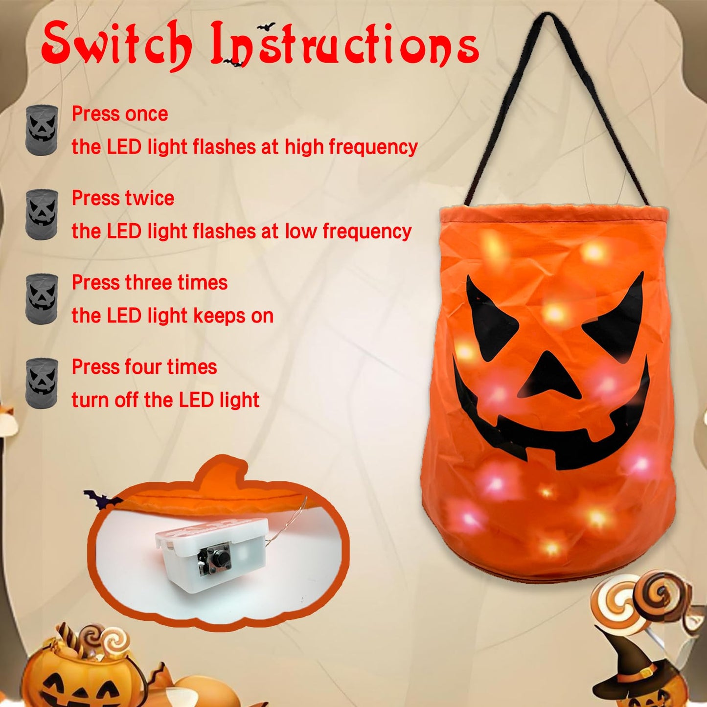 3PCS LED Light Halloween Candy Bags Light Up Halloween Party Bags Trick or Treat Goody Buckets with Pumpkin Smile Face Multipurpose Reusable Halloween Favor Gift Bags for Party Supplies Favors