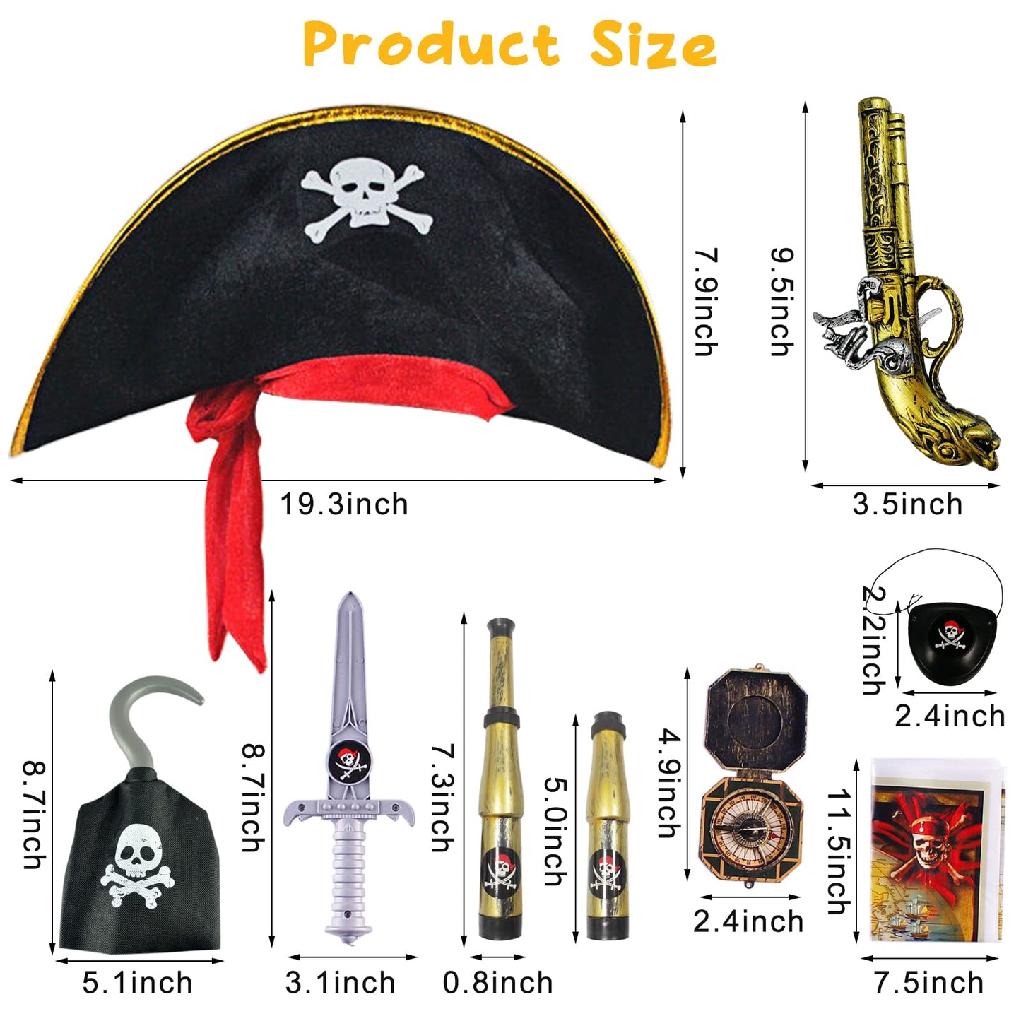 8 Pcs Pirate Accessories Halloween Kids Pirate Theme Pretend Party Toys Set Kids' Halloween Party Cosplay Dress Up Supplies with Hat Sword Pistol Eye Patch Telescope Compass Pirate Hook Map