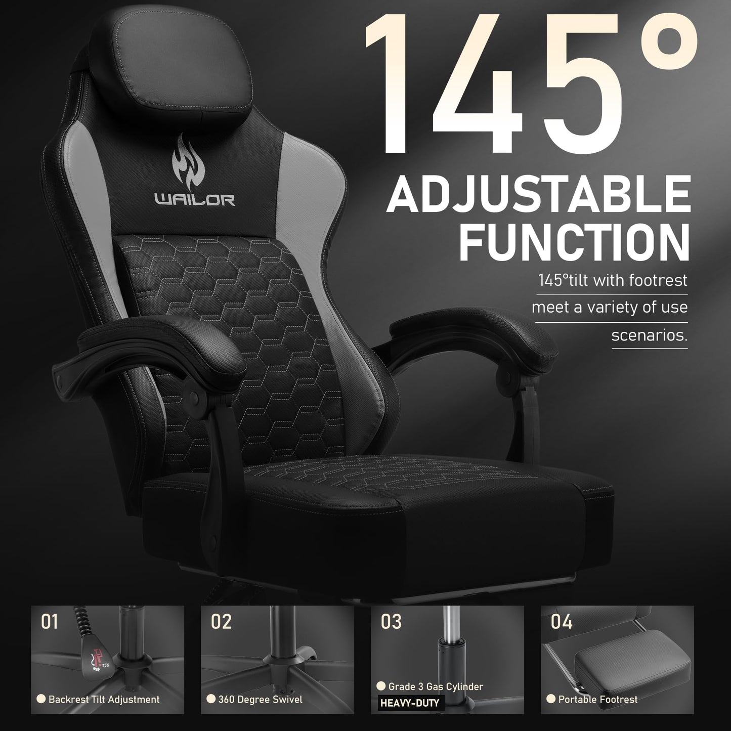 WAILOR Gaming Chair with Pocket Spring Cushion, Video Game Computer Chair with Footrest for Adults, High Back Gamer Leather Chair with Headrest and Lumbar Support for Office Gaming 300LBS