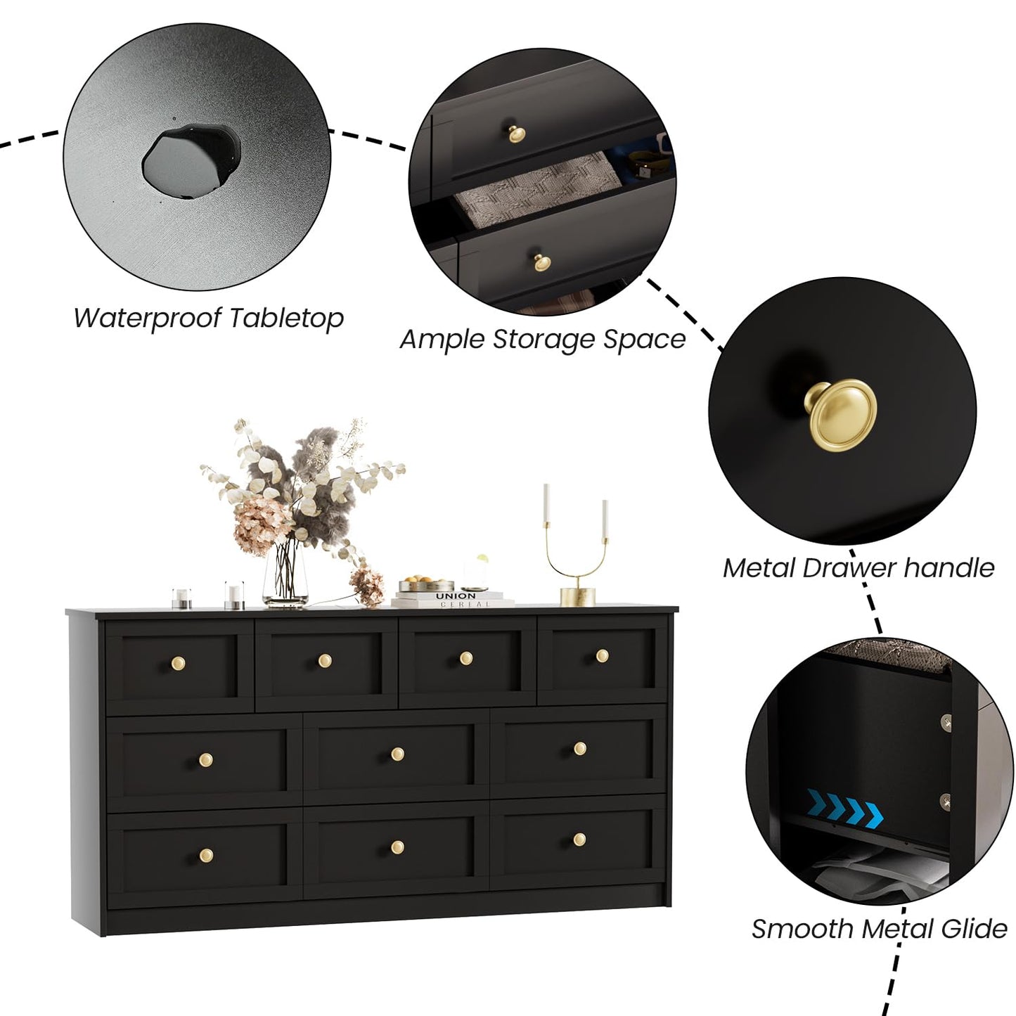 59.1" Wide Dressers & Chests of Drawers with Large Capacity Storage, Large Wooden Storage Organizer 10 Drawer Dresser for Bedroom（Black）
