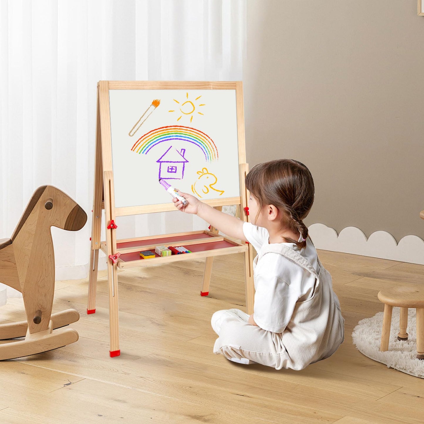 Wooden Art Easel for Kids, Double Sided Foldable Easels for Toddlers 3,4,5,6,7,8,9,10 Years,Adjustable Standing Kids Easel with Accessories, Perfect Painting Gifts for Boys&Girls