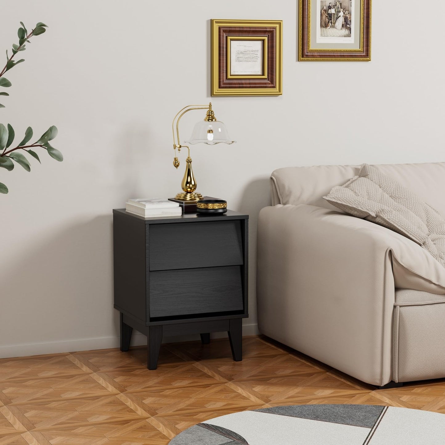 2 Set Nightstands with Beveled Design, Mid-Century Modern Bedside Tables with Solid Wood Legs for Bedroom Living Room, Black