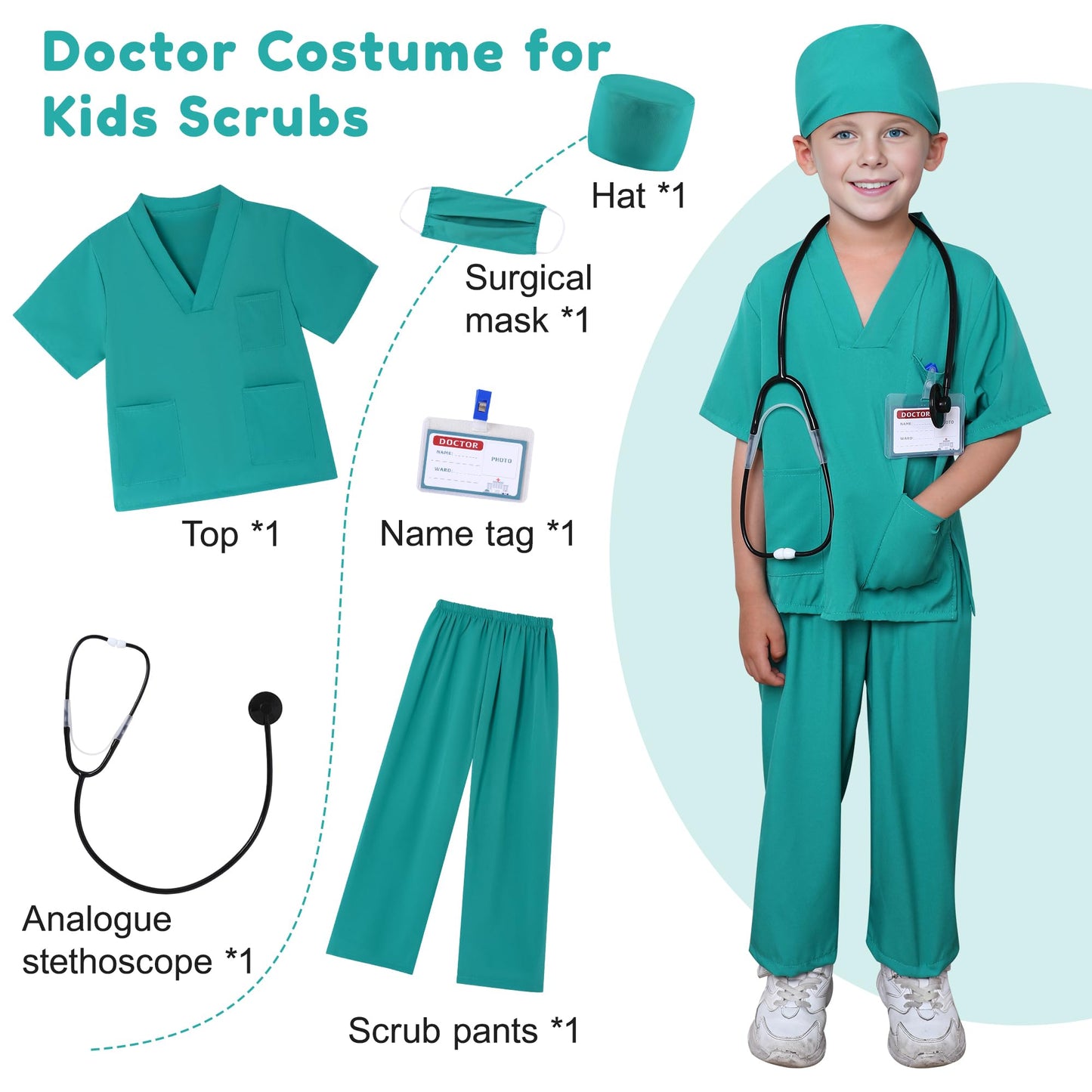 WooHand Nurse Costume For Kids 6Pcs Doctor Costume for Kids 3-9 Years Halloween Dress up Cosplay for Boy Girls with Accessories