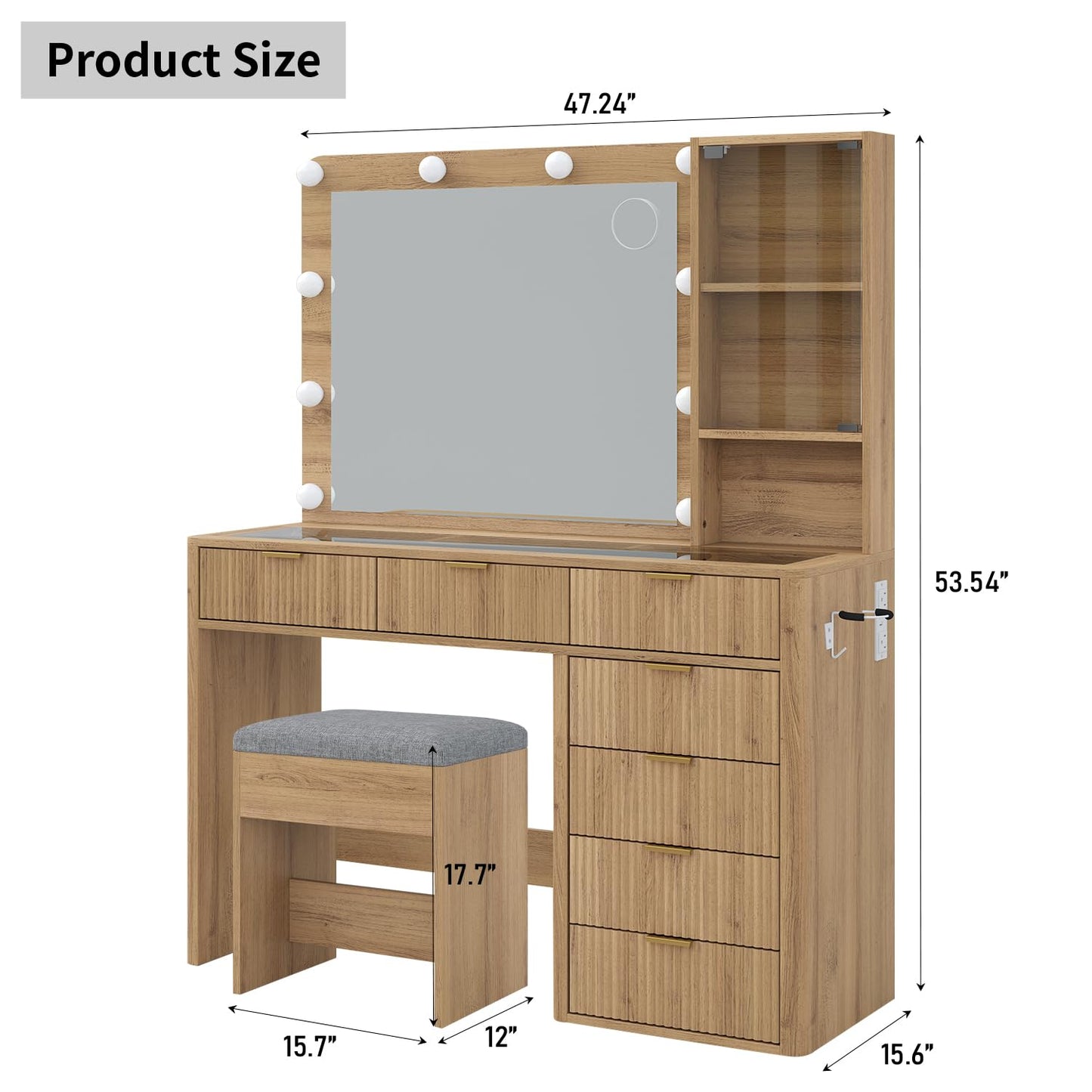 Yanosaku 7 Drawers Fluted Vanity Desk with Charging Station, 47'' W Makeup Vanity with LED Lights and HD Mirror, 3 Lighting Modes Adjustable, Glass Top, Vanity Set for Bedroom, Natural