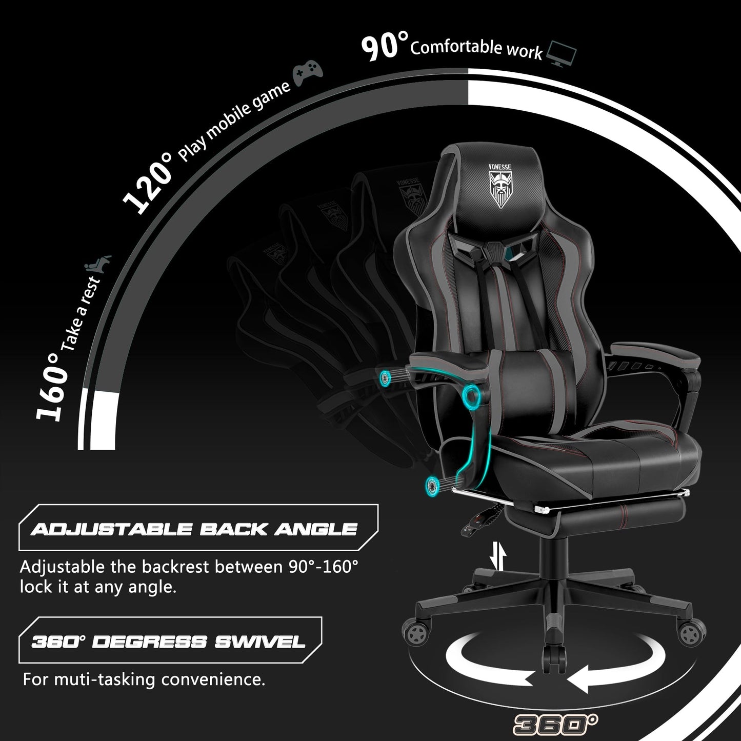 Vonesse Gaming Chair, Computer Office Chair with Footrest,Reclining Gaming Chairs for Adults, Big and Tall Ergonomic Gaming Chair with Lumbar Support (Gray/Black)