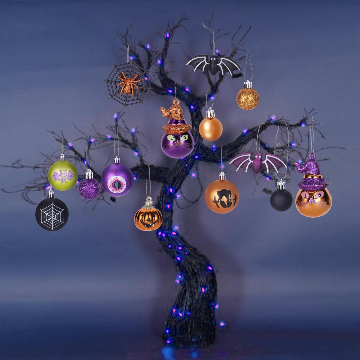 28Pcs Halloween Ball Ornaments Set, Shatterproof Hanging Halloween Tree Ornaments with Spider, Pumpkin, Skull Design for Indoor&Outdoor Holiday Party Decoration