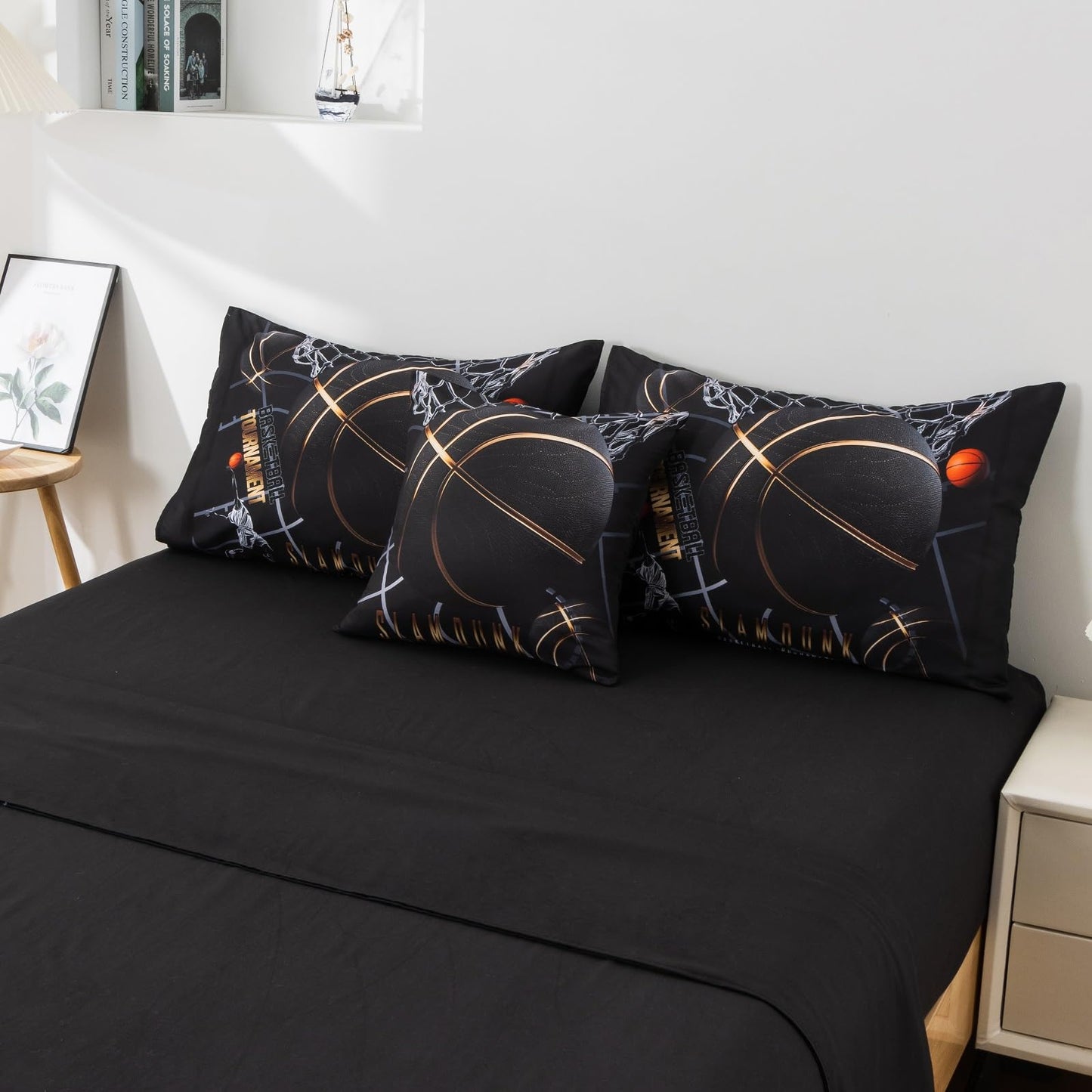 A Nice Night Basketball Court Printed Comforter Sets,with Sportsman Slam Dunk Printing 6Pcs Bedding Set in a Bag for Teen Boys,Twin