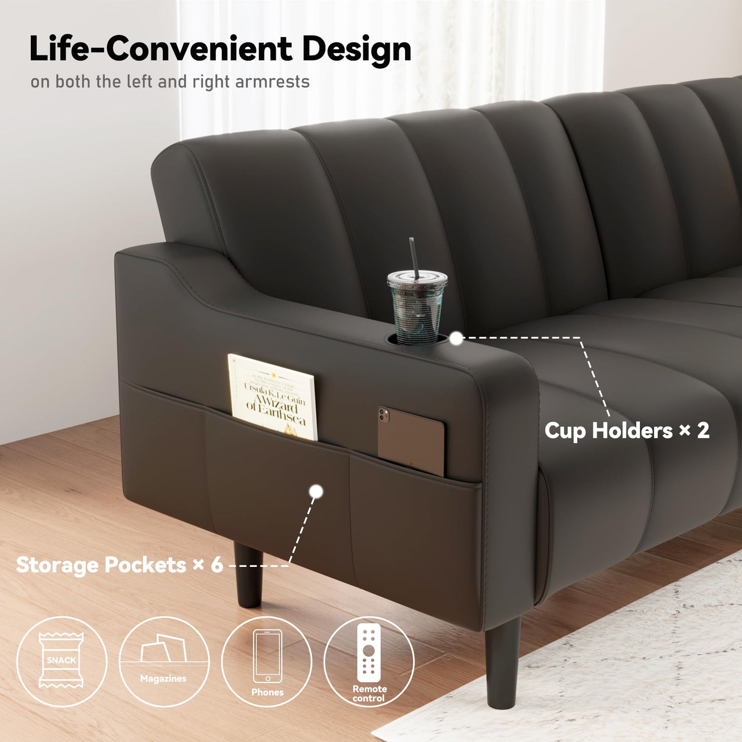 80'' Leather Couch, Futon Sofa Bed, Faux Leather Couch with Adjustable Backrest, 2 Cup Holders & Side Pockets, Mid Century Modern Sofa for Living Room, Bedroom, Black