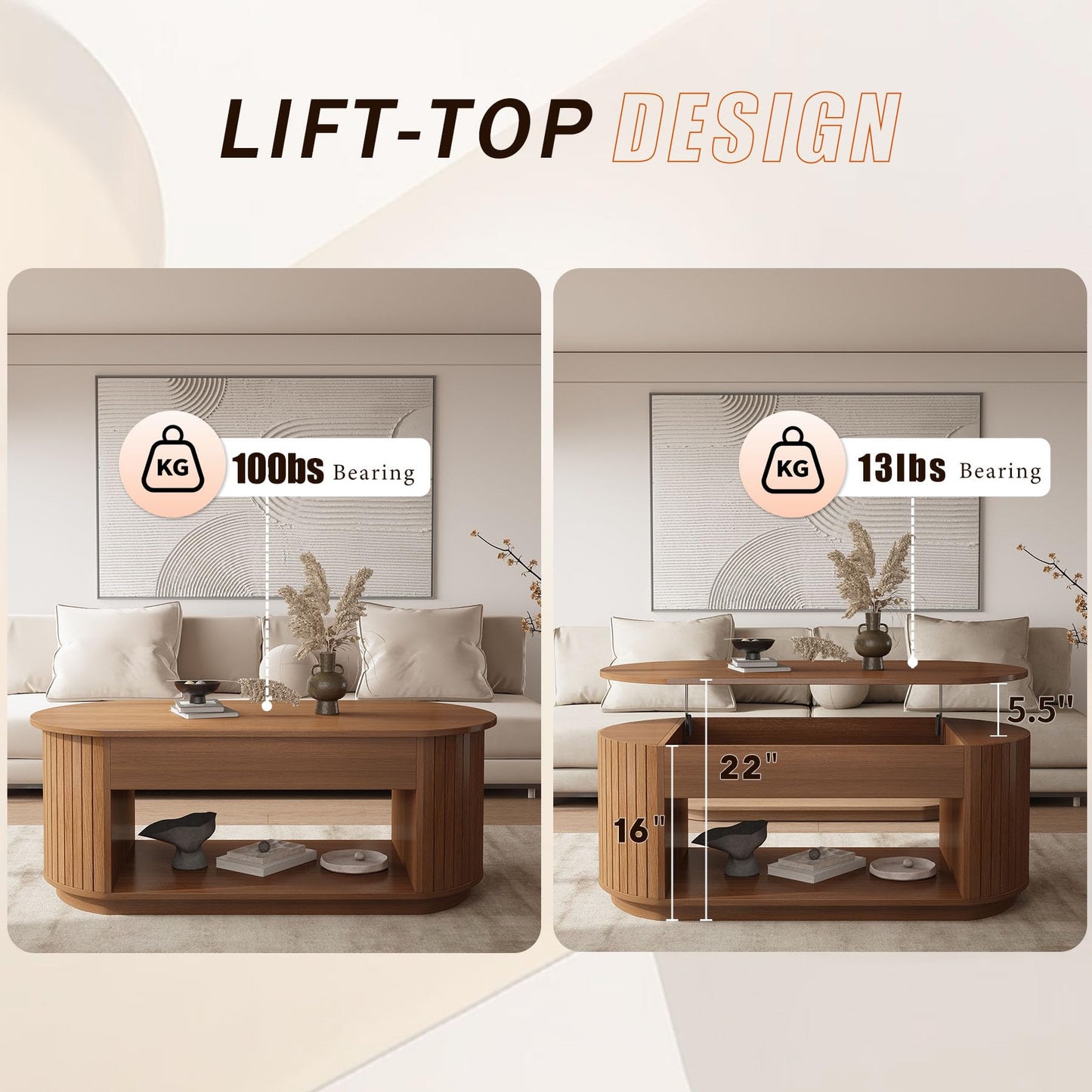 47-Inch Lift Top Wood Coffee Table with Hidden Storage Compartment and Open Shelf for Living Room, Fluted Oval Center Tea Table with Wooden Lift-Top for Apartment, Small Space, Light Brown Oak
