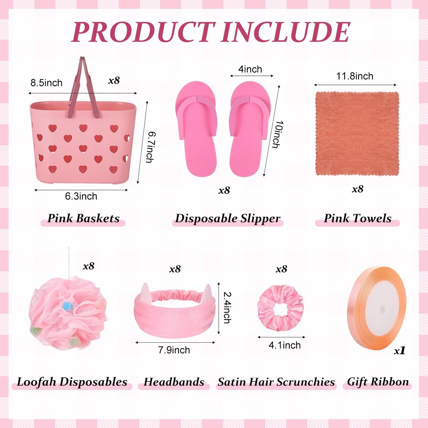yasuwekik 8 Sets Spa Party Supplies for Girls Sleepover Party Favors with Pink Basket Satin Robe Towel Headband Satin Hair Scrunchies Loofah Disposable Slipper Gift Ribbon for Birthday