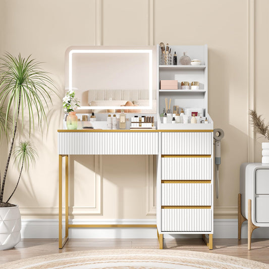 White and Gold Vanity Desk with Mirror and Lights Makeup Vanity with 5 Drawers and Charging Station, Vanity Table for Bedroom