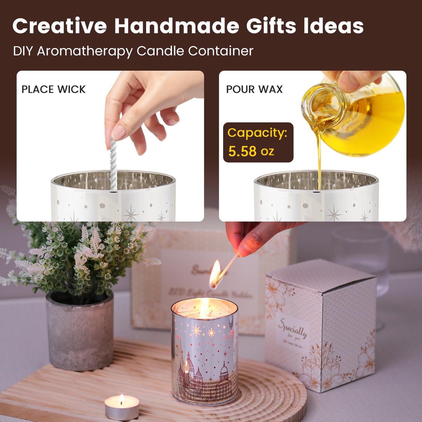 Votive Candle Holders, SunGlee Tealight Candle Holder with Gift Box, Glass Candle Holder with LED Light for Table Centerpieces, Tea Party, Wedding, Birthday, Various Themed Parties Table Decor 2Pack