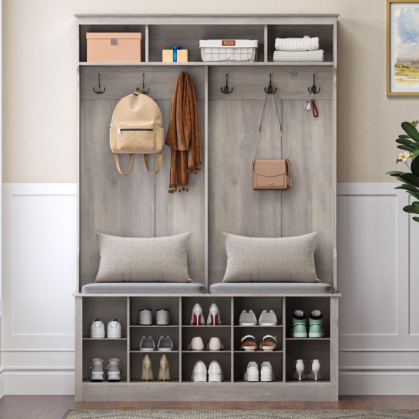 Wodeer Entryway Hall Tree with Bench and Shoe Storage, 53" Farmhouse 4-in-1 Mudroom Storage Organizer with Coat Rack, 6 Double Hooks, 12 Shoe Cubbies, Adjustable Shelf, for Hallway, Bedroom, Grey