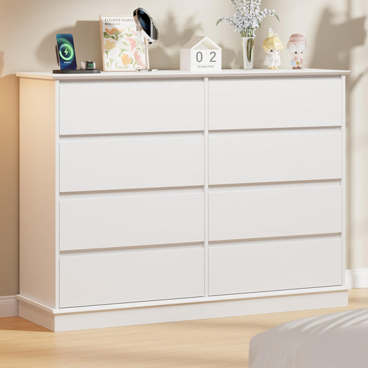 White 8 Drawer Dressers for Bedroom, Chest of Drawers with Deep Drawers, Large Double Dresser for Closet with Wide Top, Horizontal Wooden Dresser for Living Room, Hallway, Kids Room