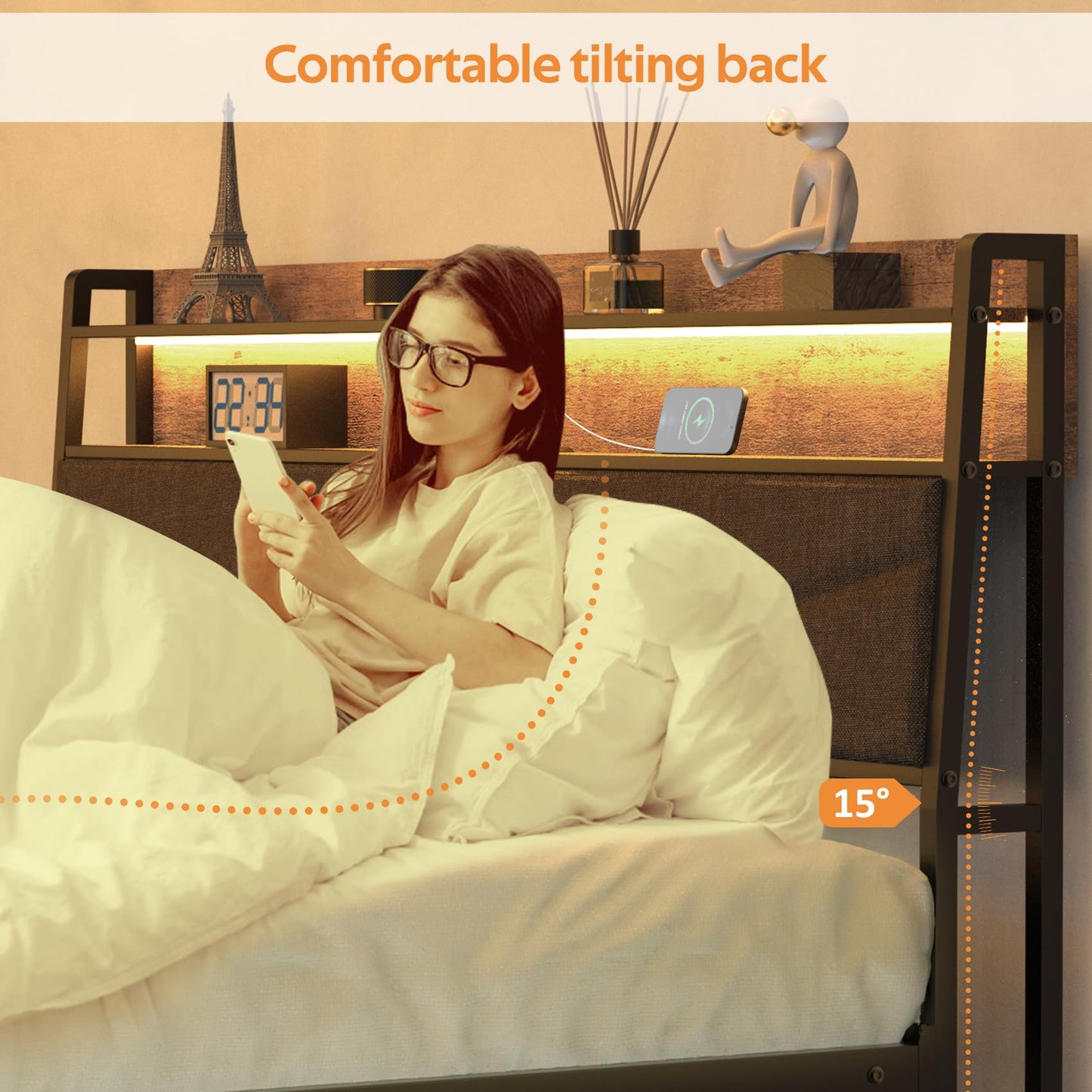 Winkalon Full Bed Frame, Storage Headboard with Charging Station,Platform Bed Frame with RGB Lights, Solid and Stable, Noise Free, No Box Spring Needed, Easy Assembly,Gray
