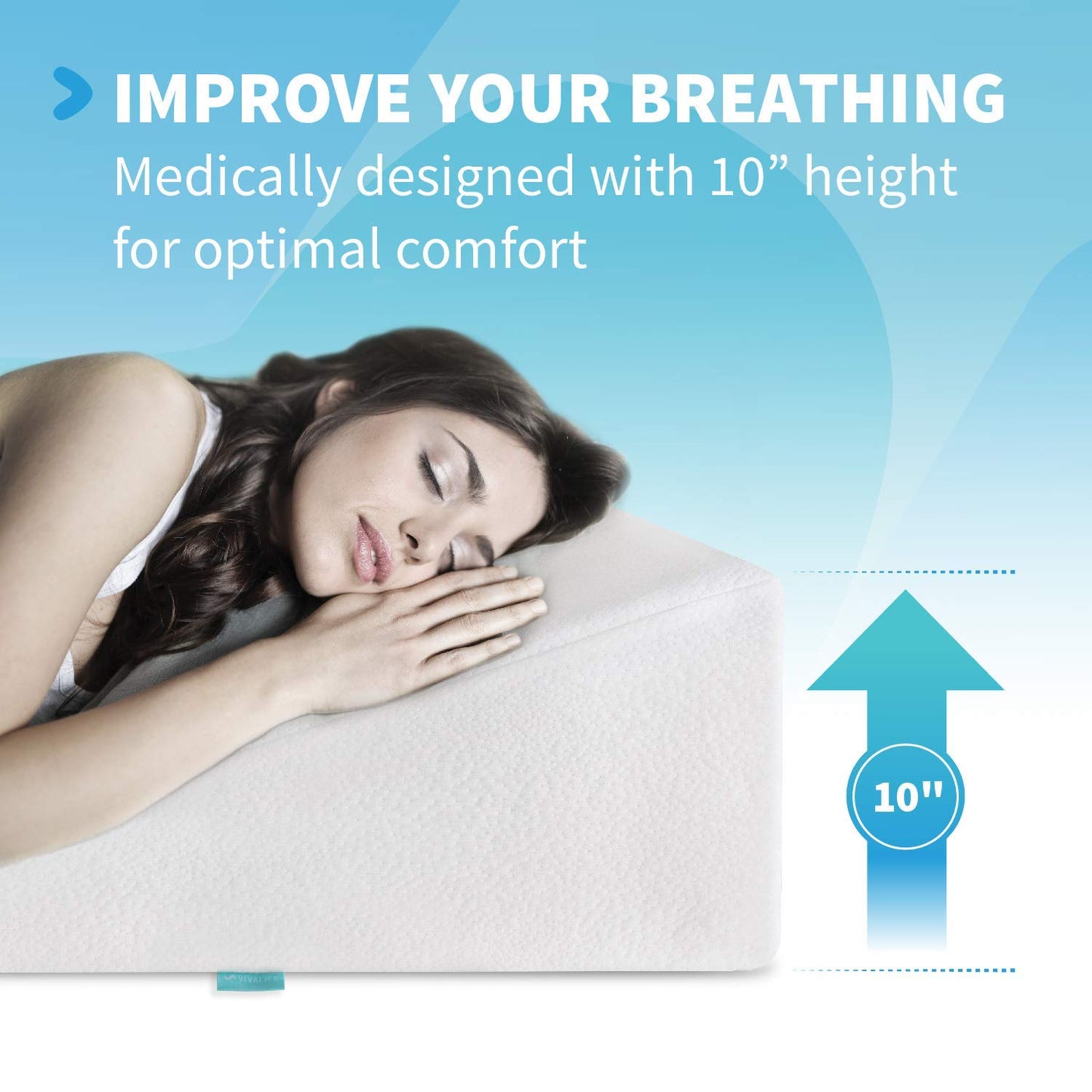 Vivalife Bed Wedge Pillow Gel Memory Foam Top - Cooling Elevated Support Cushion for Lower Back Pain, Acid Reflux, Heartburn, Allergies, Snoring - Ultra Soft Breathable Cover (10 Inch Wedge)